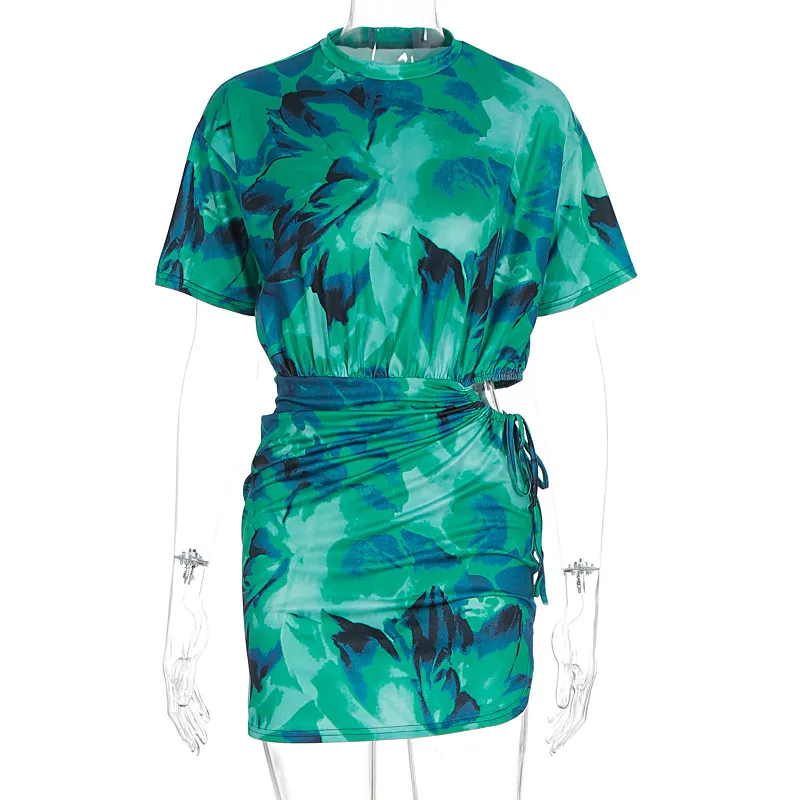 Fashion Tie-dyed Pleated Slim-fit Sheath Dress Women - Green