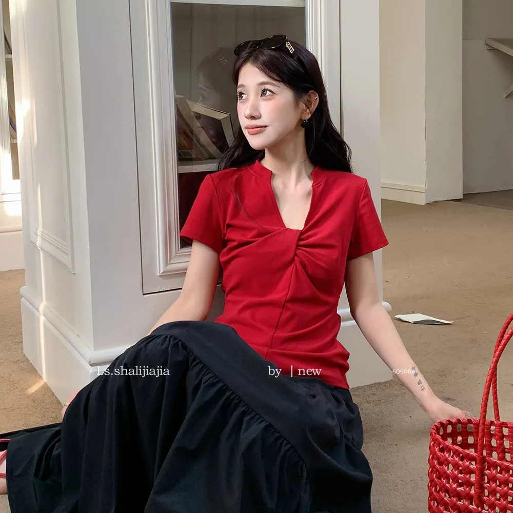 V-neck Knot Short-sleeved T-shirt Women's All-match Top