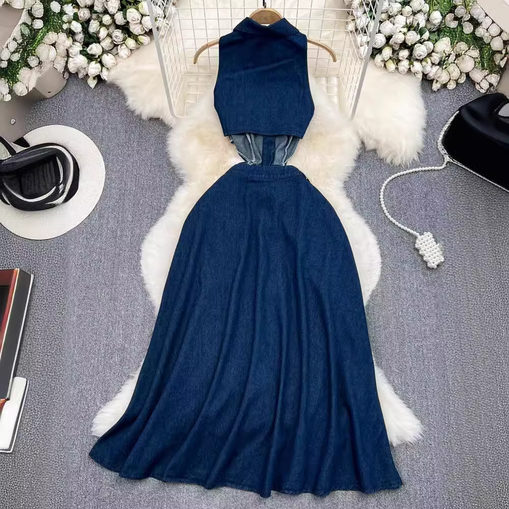 Women's Fashion Retro Hollow Denim Dress