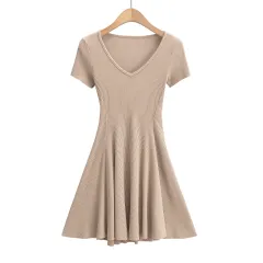 Waist-tight French Slim-fit Knitted Elegant Tight Waist Dress - Khaki - View 1