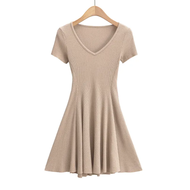 Waist tight French Slim fit Knitted Elegant Tight Waist Dress Khaki - Shop at LoveMi