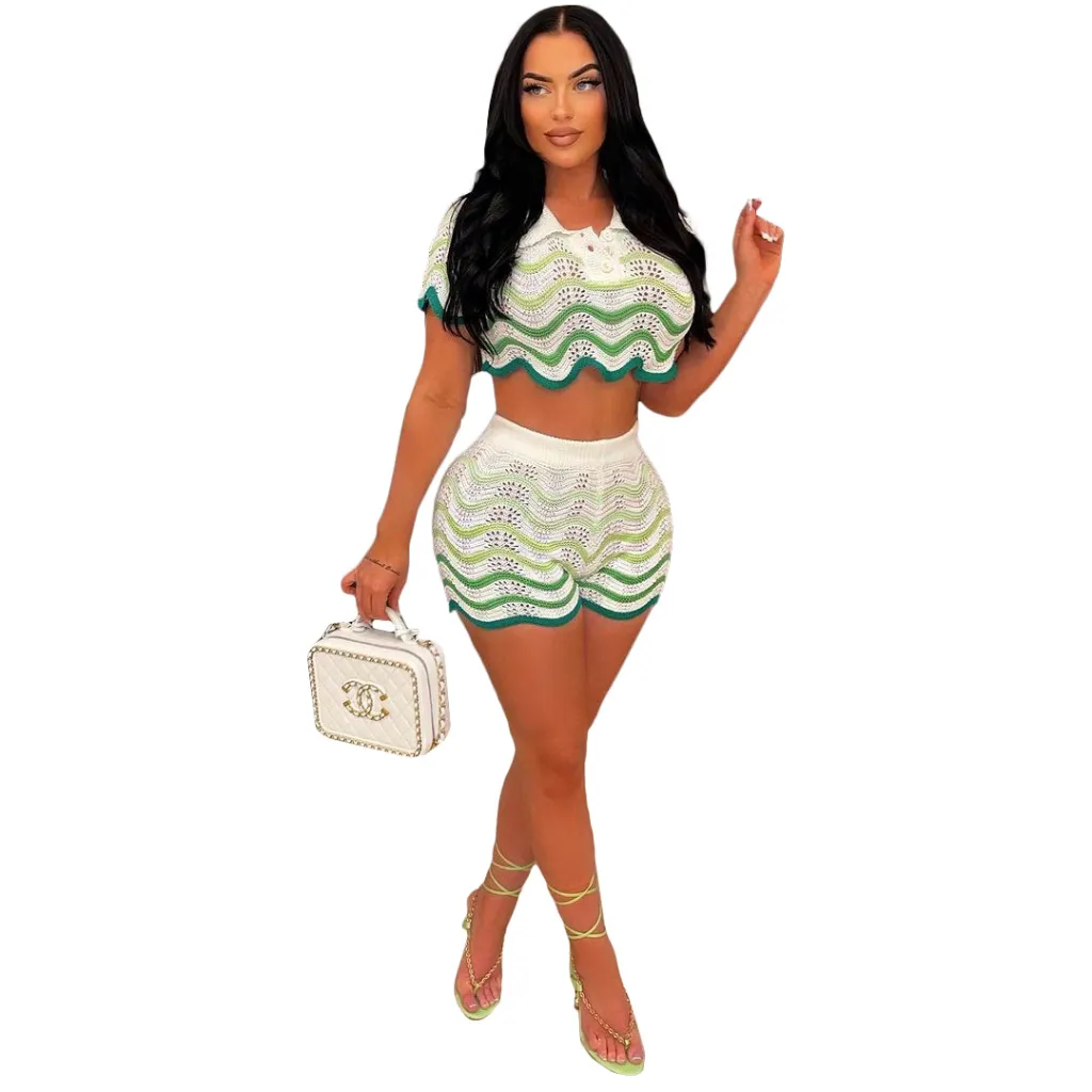 Women's Handmade Knit Casual Shorts Suit - Green Stripes