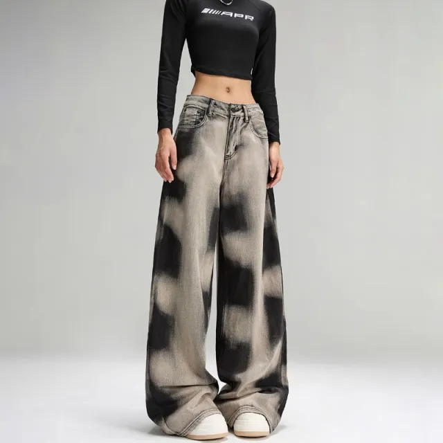 Pants Women's Design Sense Niche Street Vibe Retro Loose Tie dyed Wide leg Jeans Black And Gray - Shop at LoveMi