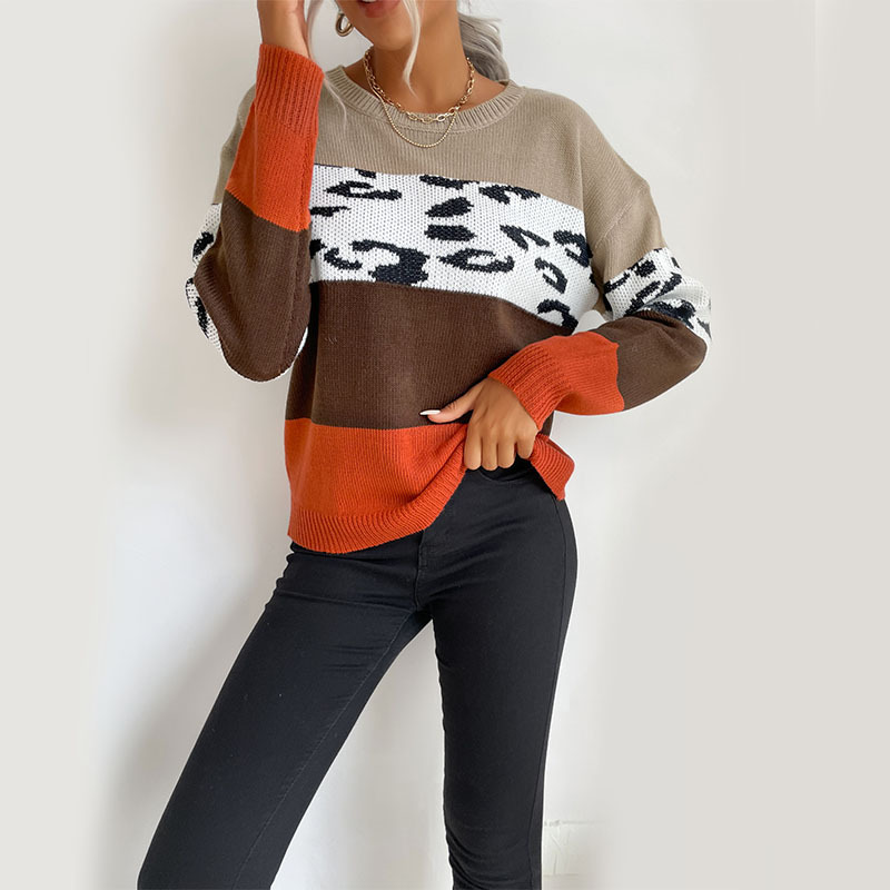 Autumn And Winter Leisure Top Leopard Print Color Matching Long Sleeve Pullover Sweater Brown - Shop at LoveMi