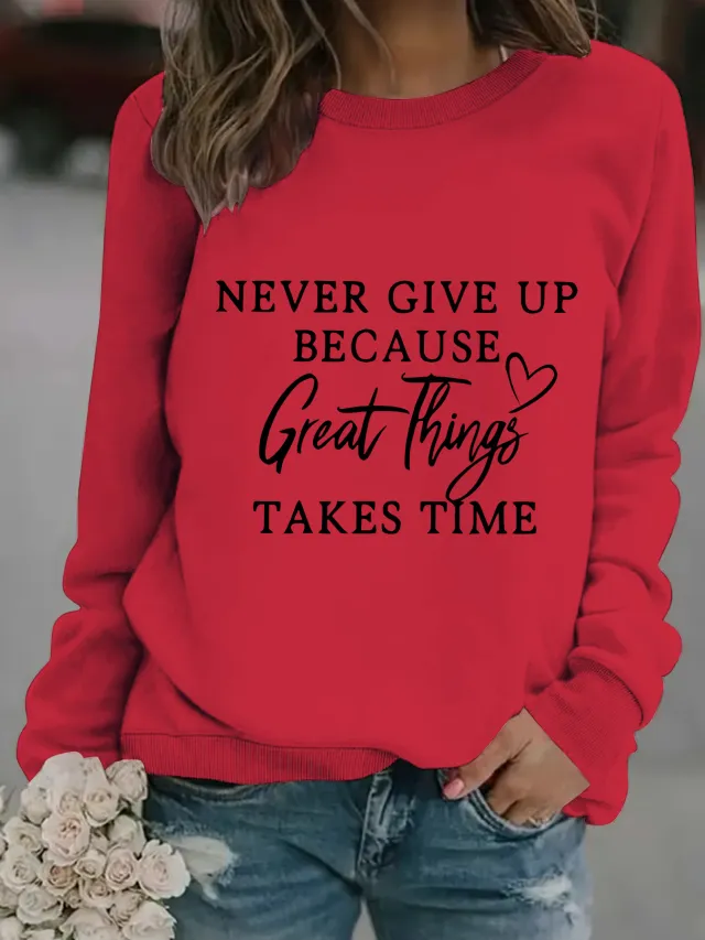 Casual Long Sleeve Round Neck Print Sweatshirt Red - Shop at LoveMi