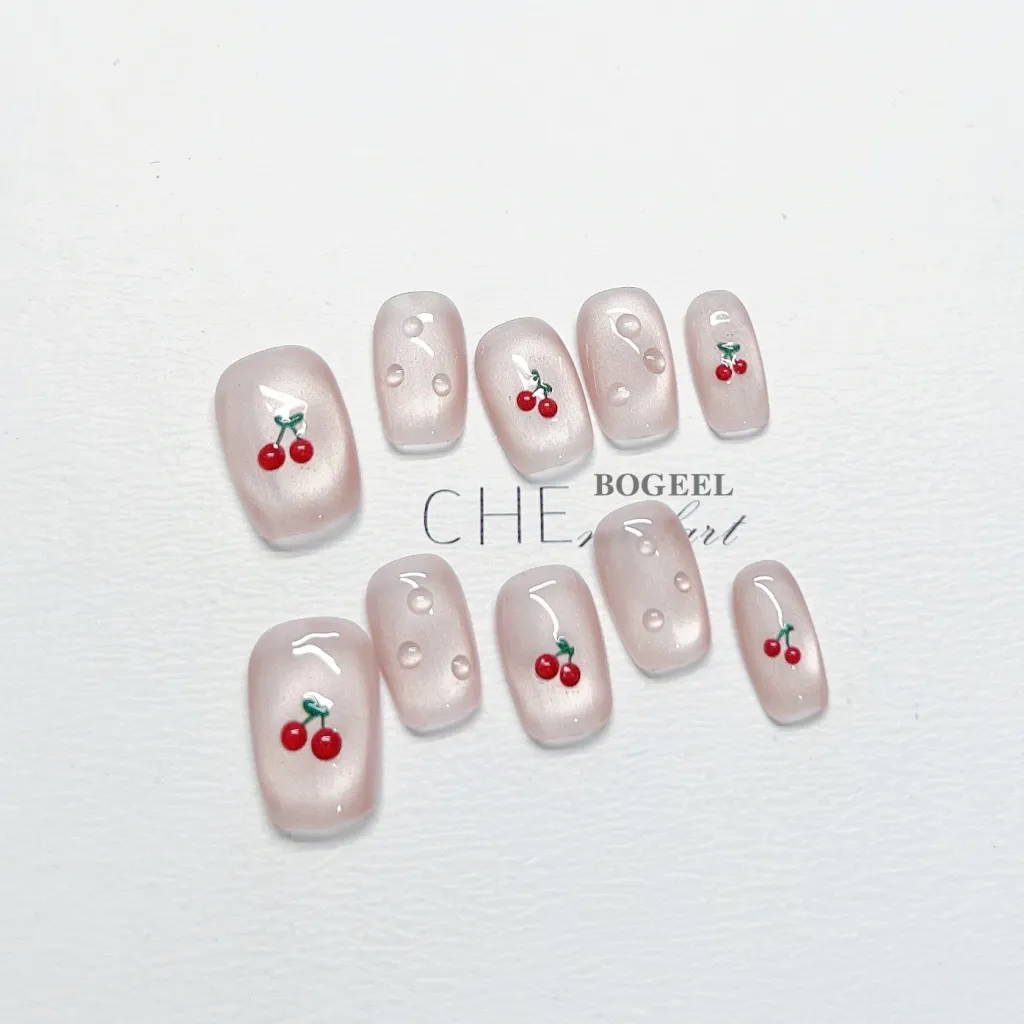 Hand-painted Cherry Hand-worn Manicure - Rain Dew Cherry