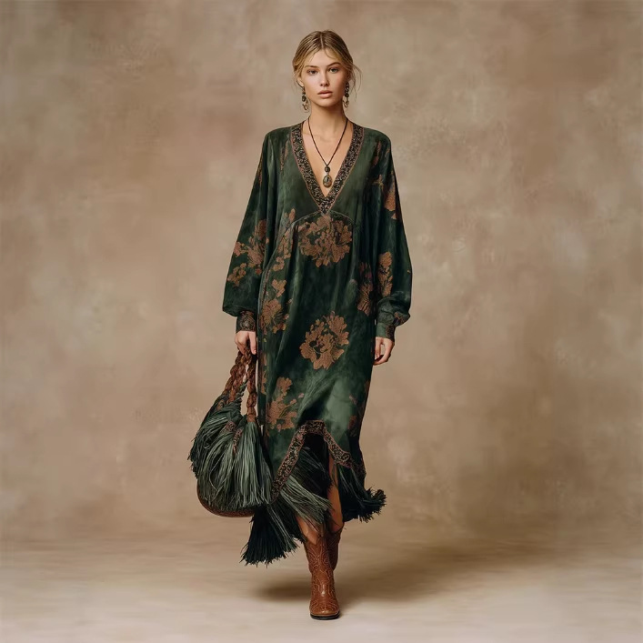 Retro Silhouette-printed Green Faux-suede Fringed Maxi Dress