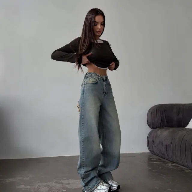 Retro Spicy High Waist Straight Mop Back Ripped Design Jeans Dark Blue - Shop at LoveMi