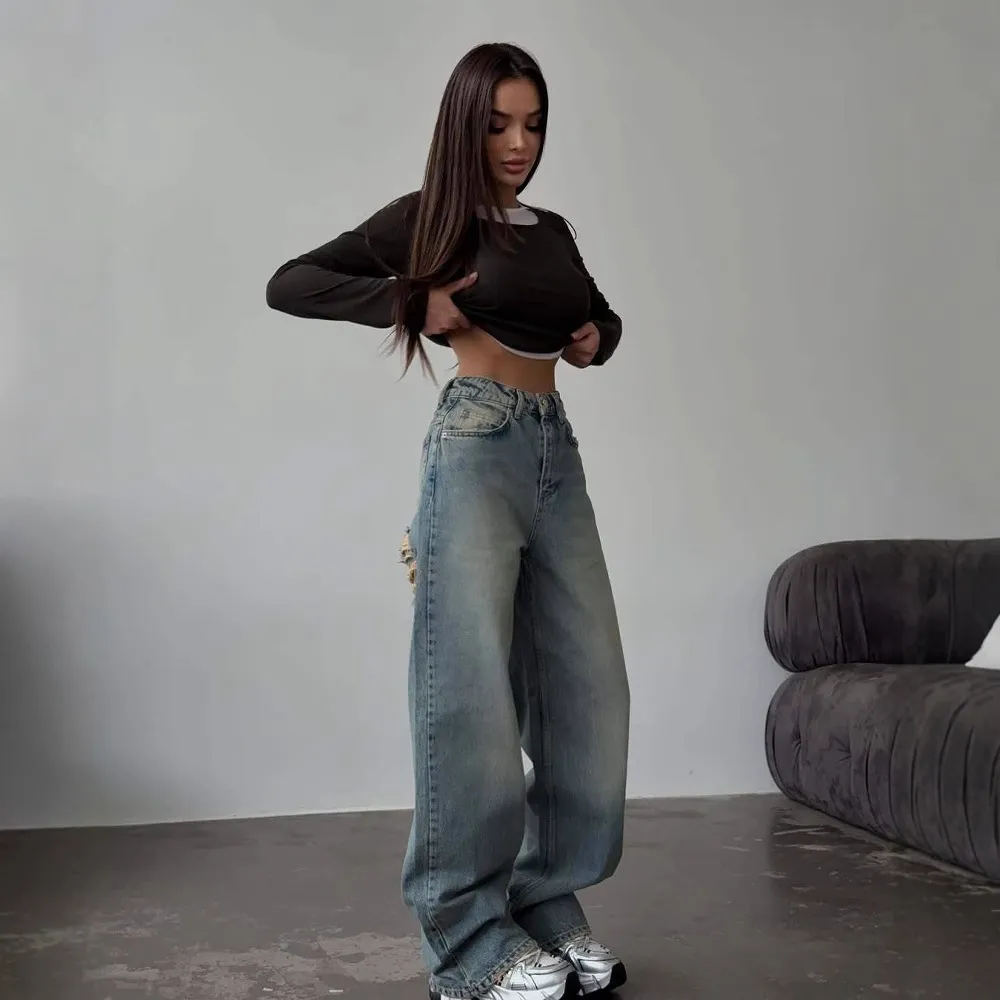Retro Spicy High Waist Straight Mop Back Ripped Design Jeans - Dark Blue