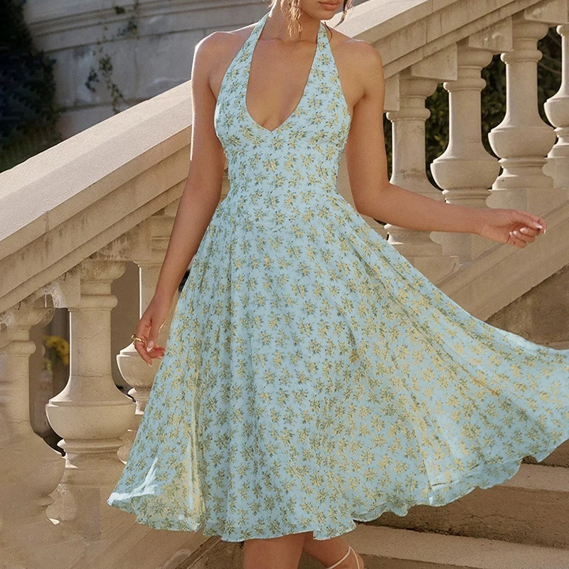 Fashionable Off shoulder Slit Halter neck Printed Casual Dress Blue - Shop at LoveMi