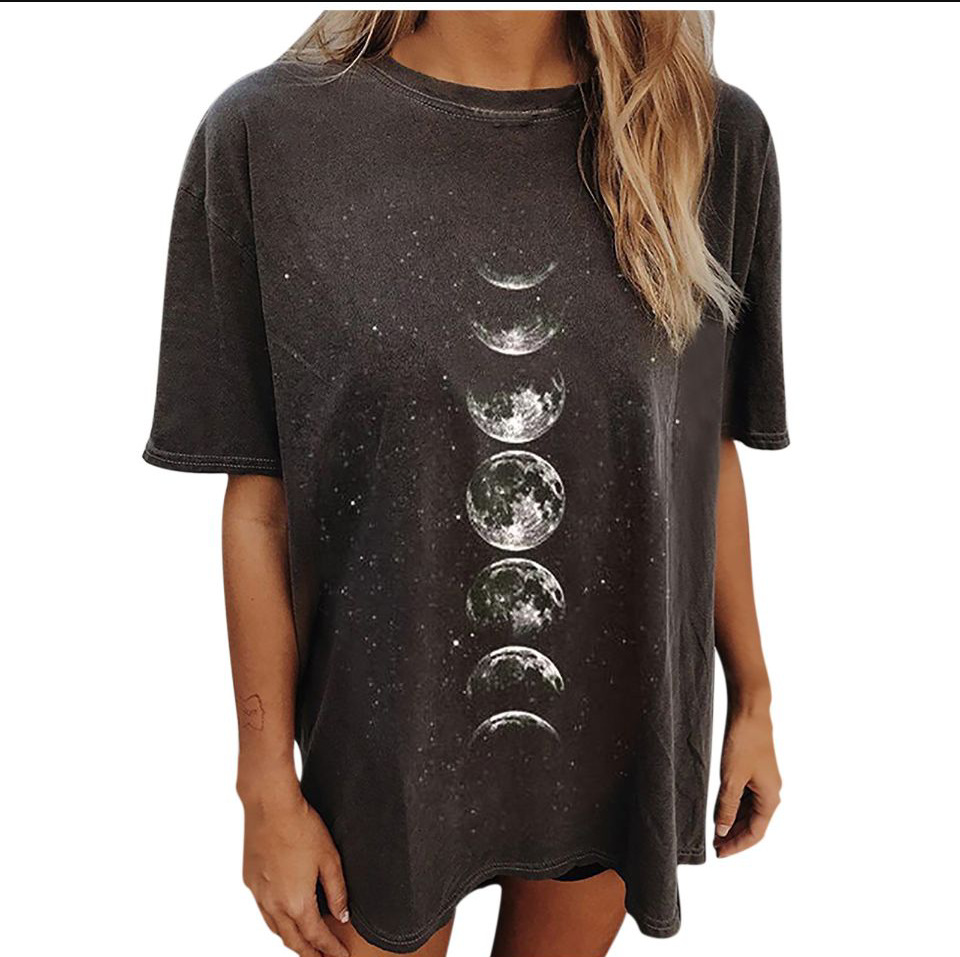European And American Foreign Trade Cross-border Women's Clothing Black Loose Round Neck Short Sleeve Printed Mid-length Pullover Women's T-shirt