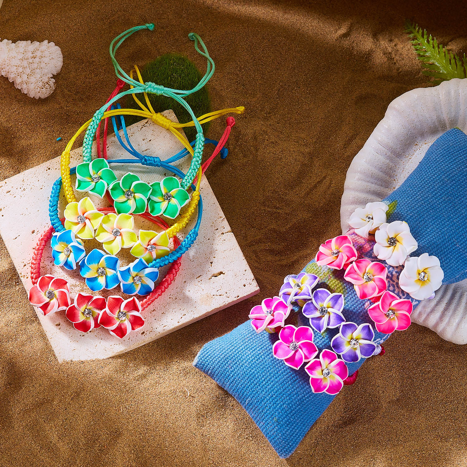 Colorful Polymer Clay Cute Frangipani Seed Bead Bracelet