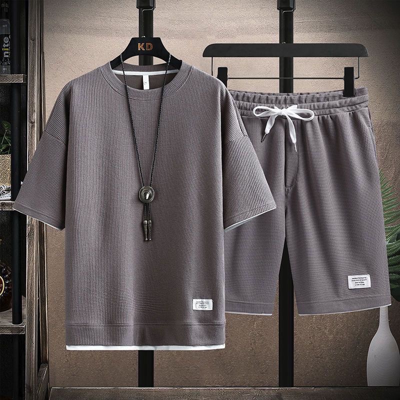 Waffle-Weave T-Shirt Mens Short-Sleeve Viscose Summer Two-Piece Set