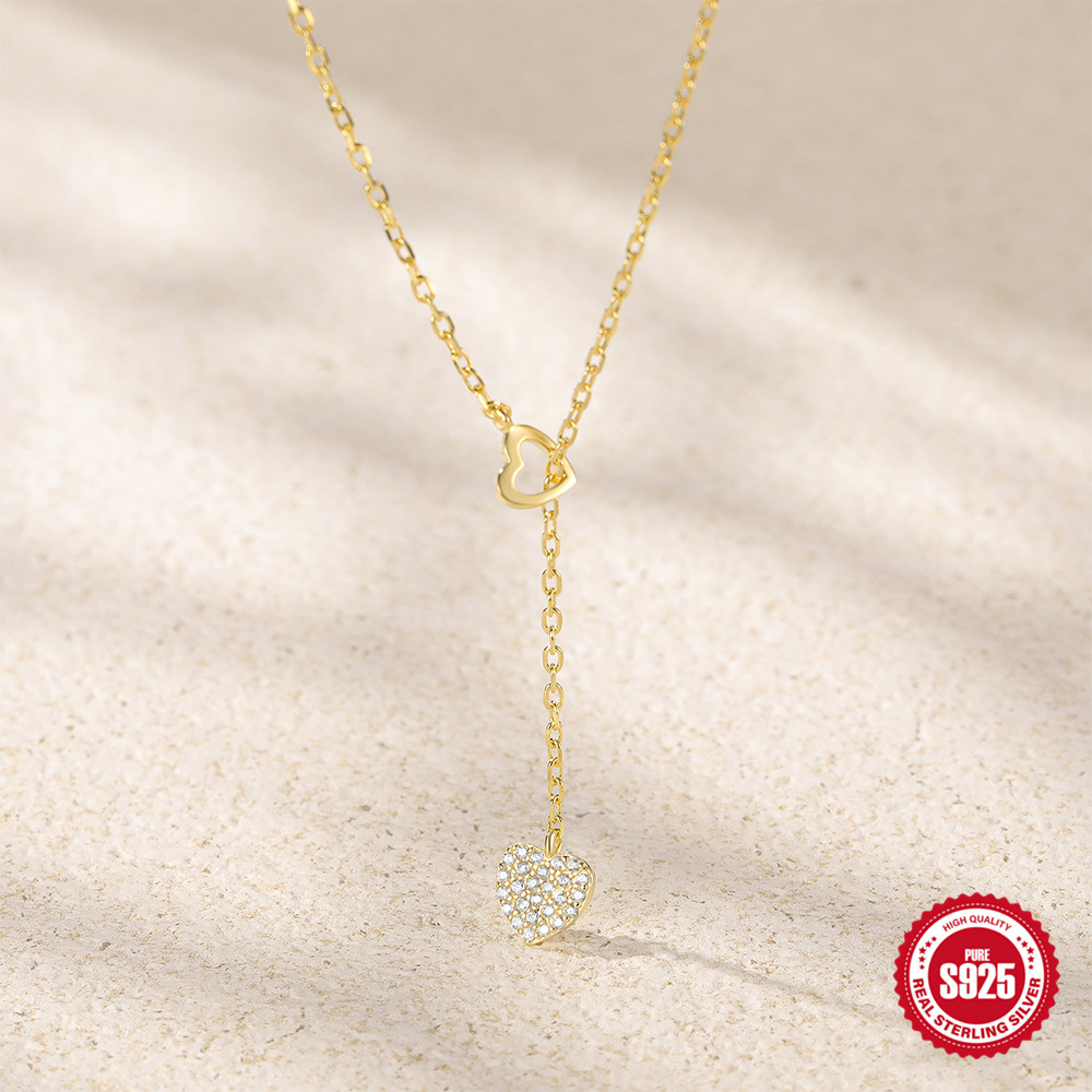 Fashionable And Minimalist S925 Sterling Silver Y-shaped Necklace With Double Hearts And Diamond Accents For Women