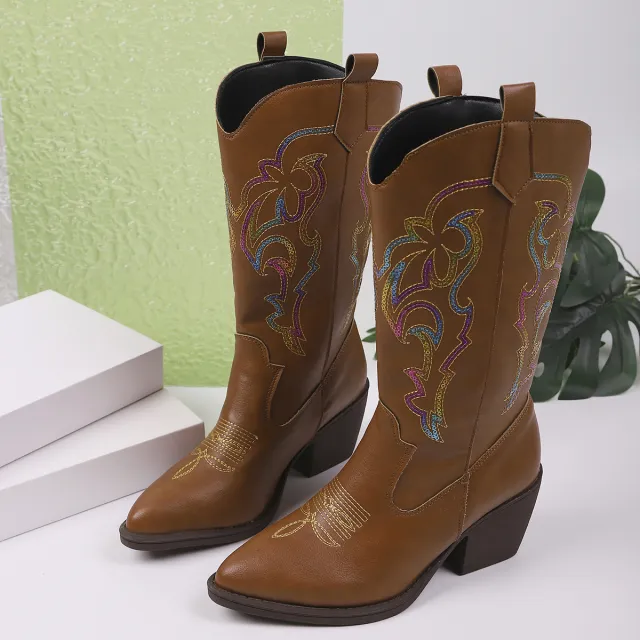 Embroidered Knight Boots Women Pointed Toe Chunky Heel Cowboy Boot Red - Shop at LoveMi