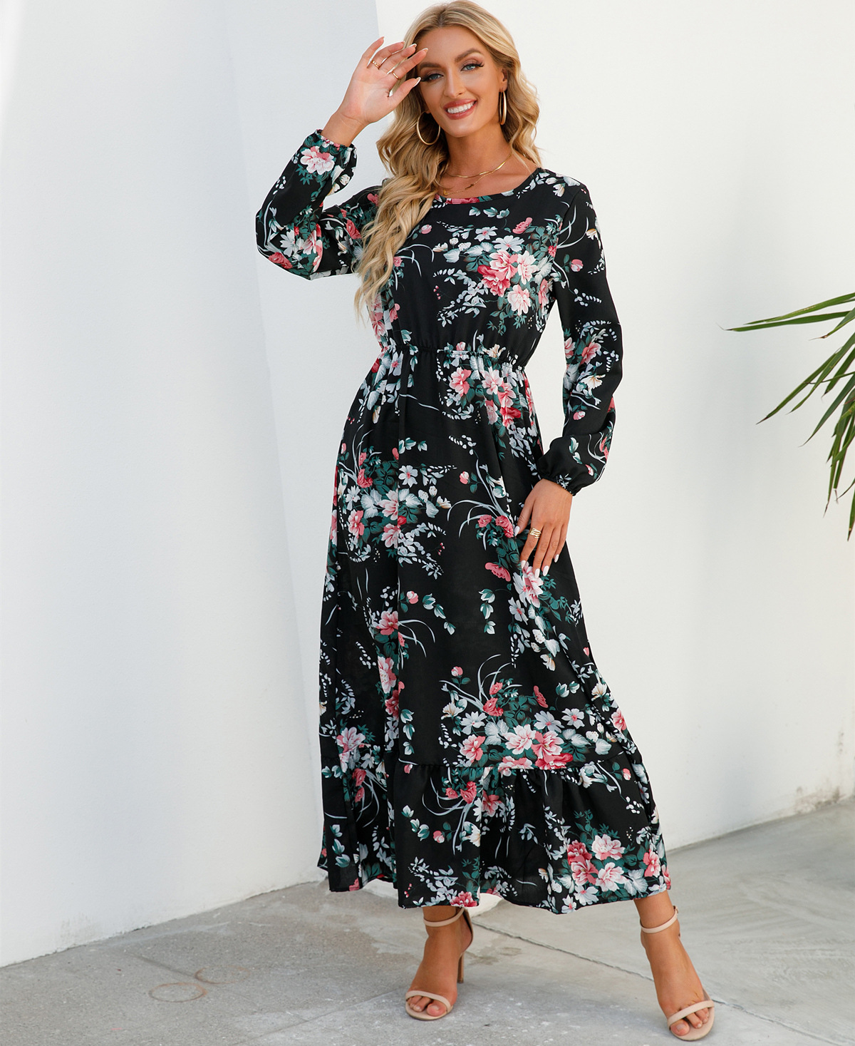 Womens Versatile Round-neck Floral Chiffon Dress
