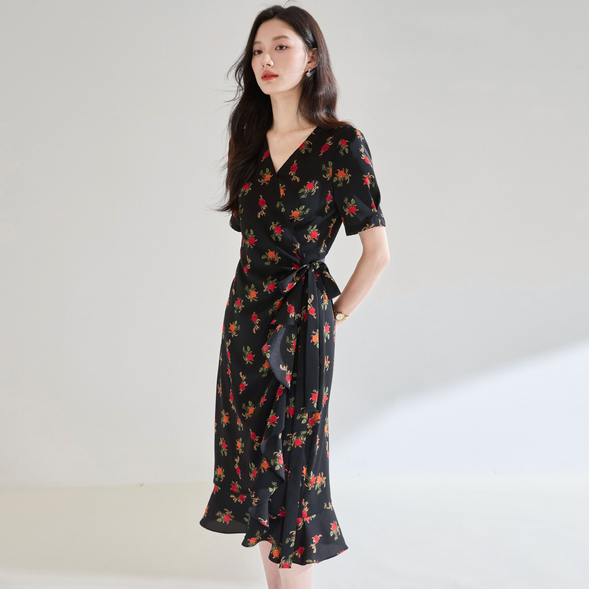 Rose Chiffon Printed Ruffles Dress Black - Shop at LoveMi