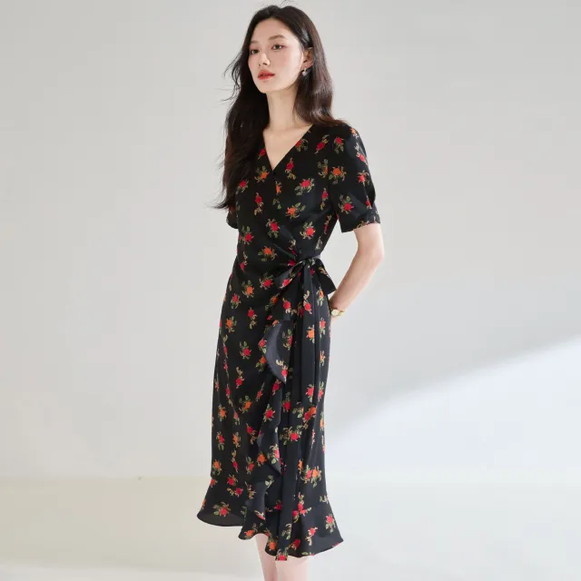Rose Chiffon Printed Ruffles Dress Black - Shop at LoveMi