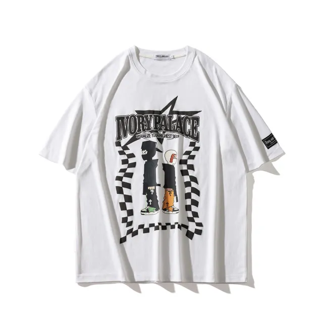 Street Cartoon Print Loose Fashion Brand Couple Short Sleeve White - Shop at LoveMi