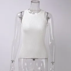 Women's Fashion Solid Colour Rib Fabric Hollow Vest Slim Sleeveless Knitted Top - White - View 1