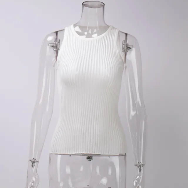 Women's Fashion Solid Color Rib Fabric Hollow Vest Slim Sleeveless Knitted Top White - Shop at LoveMi