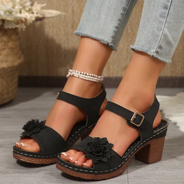 Women's Flowers Chunky Heel Sandals Summer Plus Size Platform Shoes Black - Shop at LoveMi