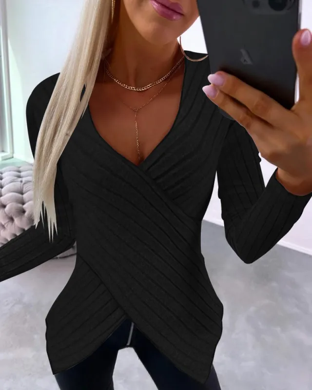 Autumn And Winter New Irregular Width Sunken Stripe Slim Long Sleeve Top Black - Shop at LoveMi