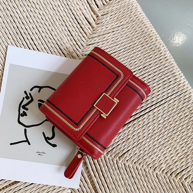 Women's Embroidery Thread Short Multi Card Slot Clutch - Red