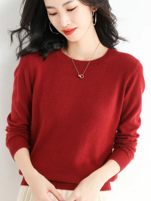Slim Fit Solid Color Round Neck Base Pullover Sweater Red - Shop at LoveMi