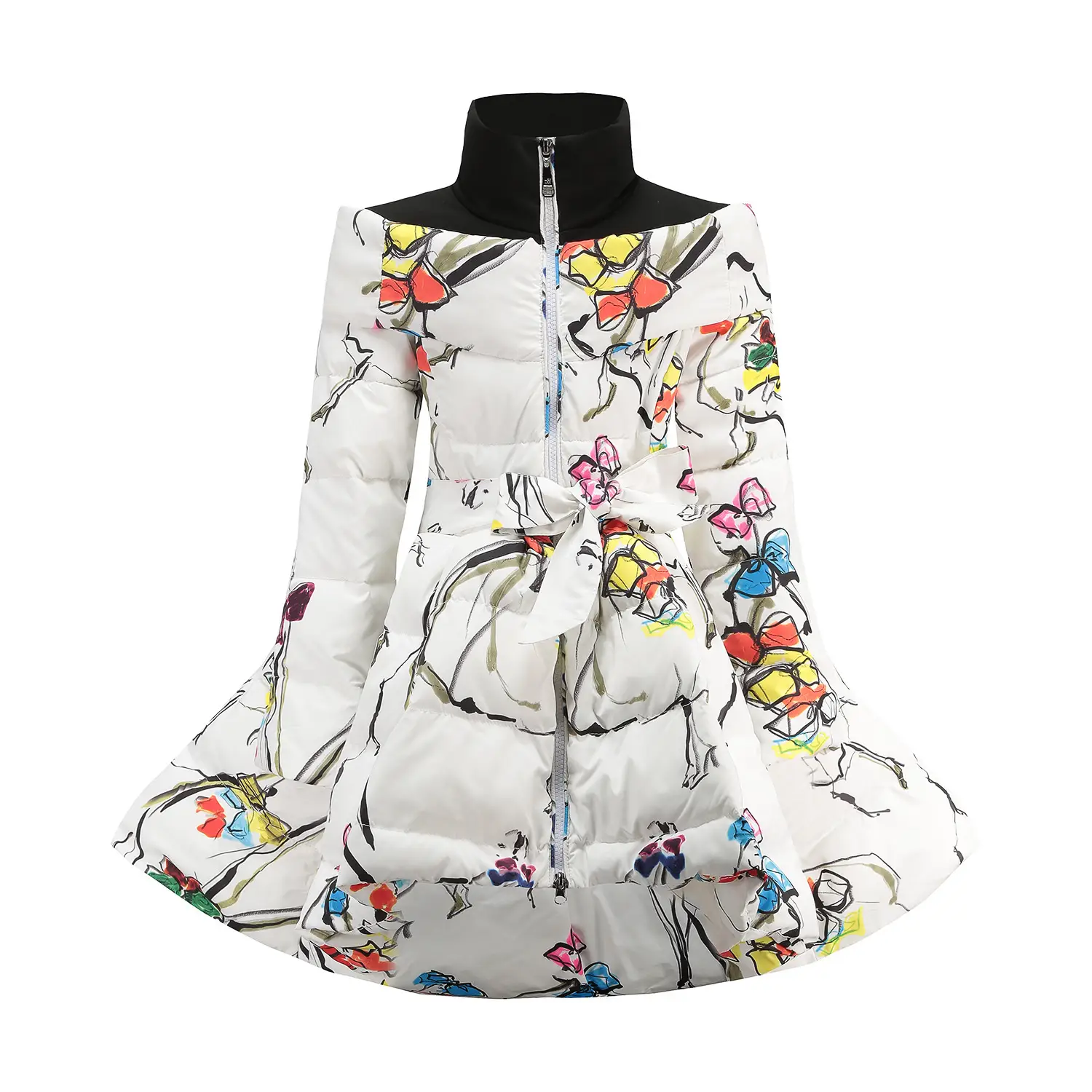 European And American New Down Jacket Warm Printing Waist Bow Big Skirt Children's Winter Clothing