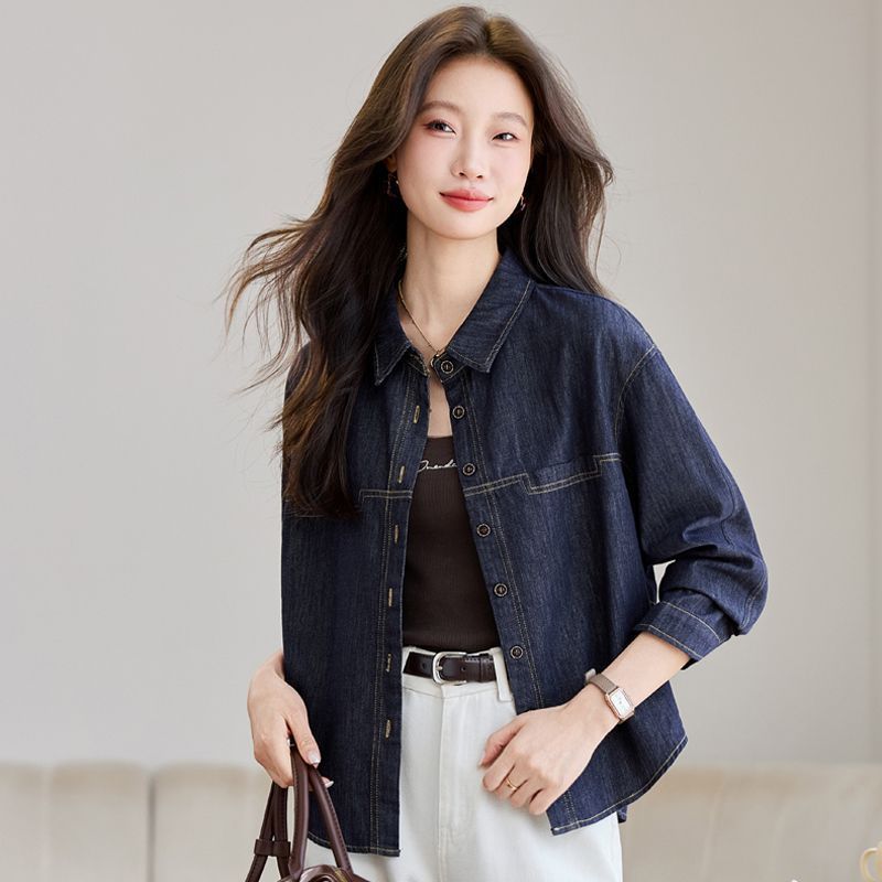 Dark Blue Long-sleeve Denim Shirt Womens Loose Fit 6