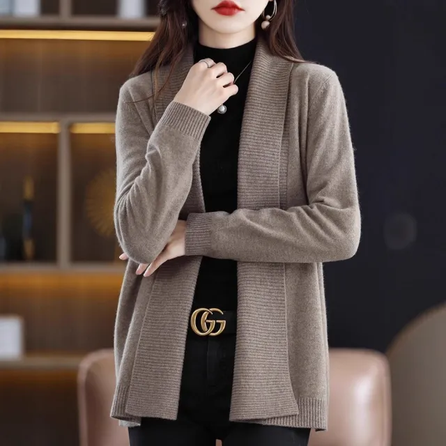 Fashion Cardigan Mid length Lapel Outer Long sleeves Sweater Camel - Shop at LoveMi