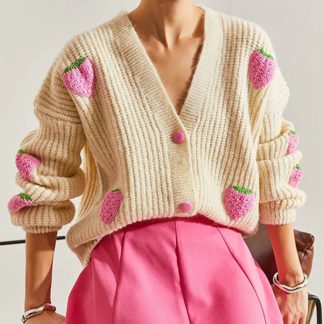 Sweet V neck Beige Decorative Cardigan Sweater Beige - Shop at LoveMi