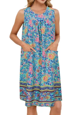 Vest Floral Pocket Dress Light Green Flower - Blue - View 1