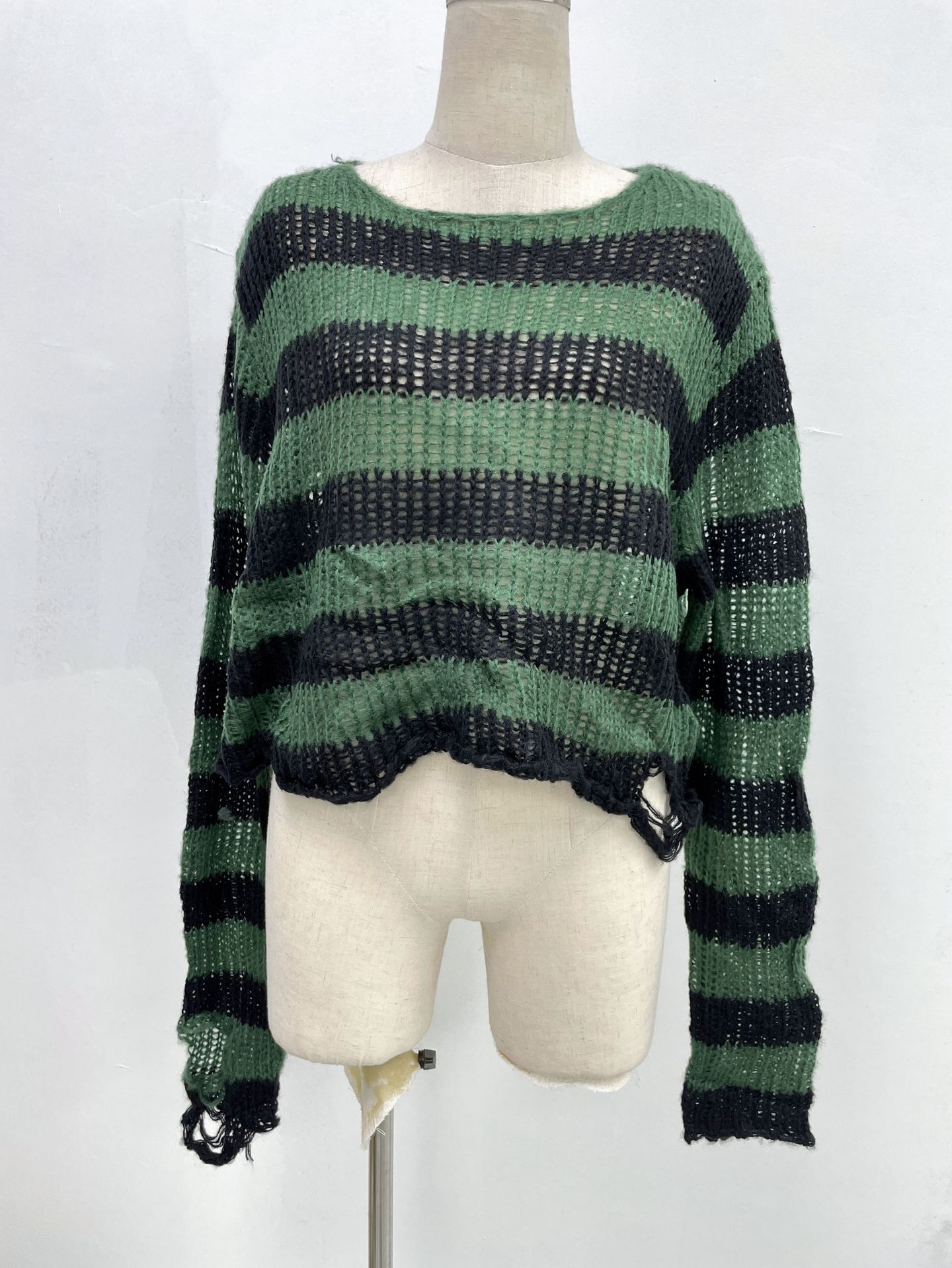 Womens Short Crew-neck Striped Pullover Knit Sweater