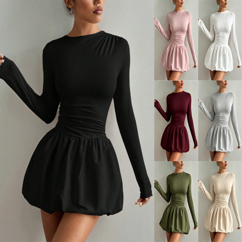 Womens Solid-color Fashionable Slim-fit Long-sleeve Dress