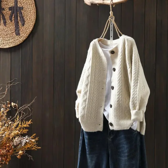 Loose All match Twist Woolen Knit Outer Wear Cardigan Retro Thickened Knitting Beige - Shop at LoveMi