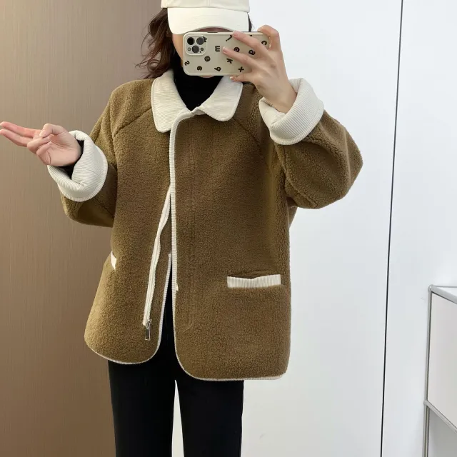 Contrast Color Lamb Wool Coat For Women Matcha - Shop at LoveMi
