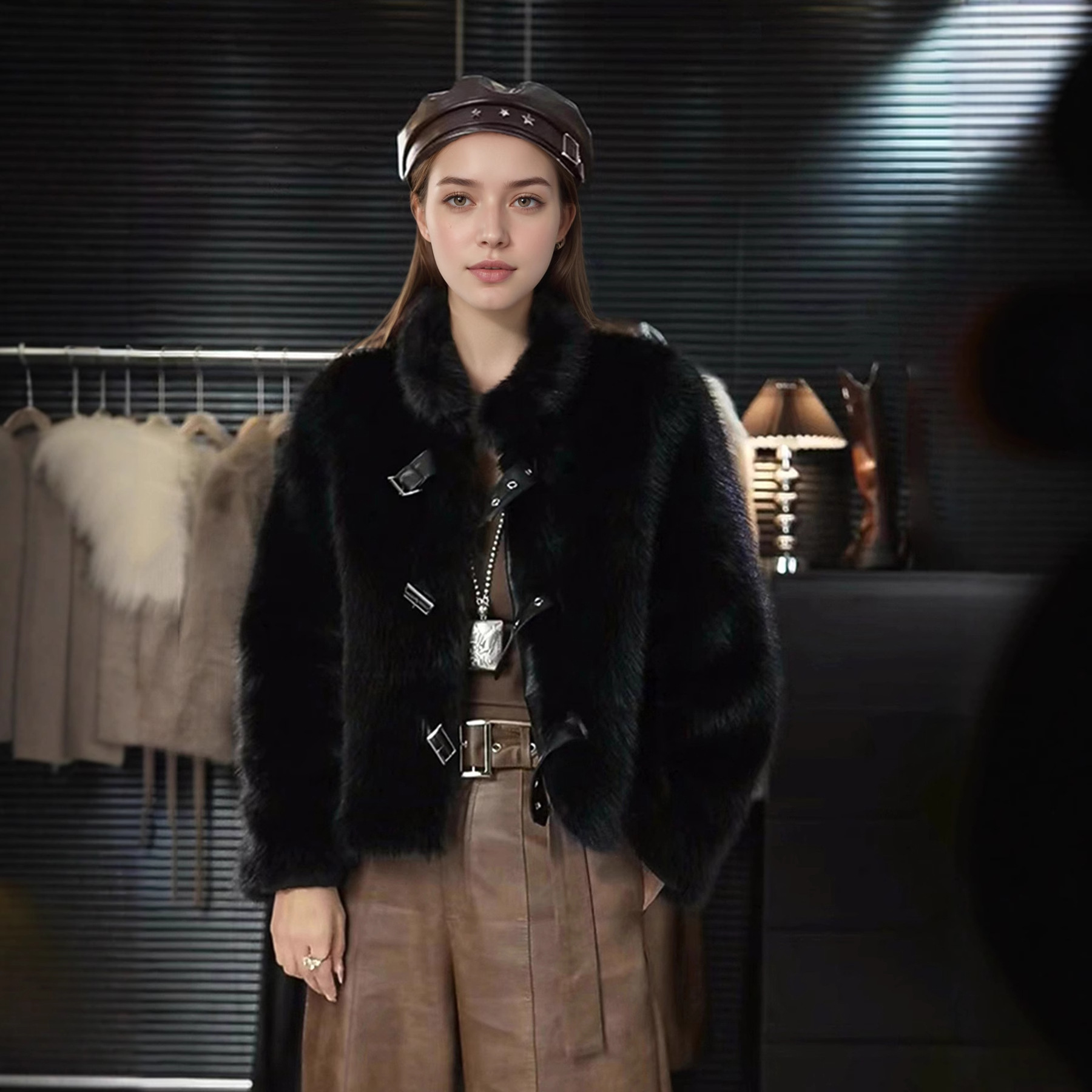 Palton de blană în stil Chanel pentru femei, cu catarame din piele de culoare caramel
