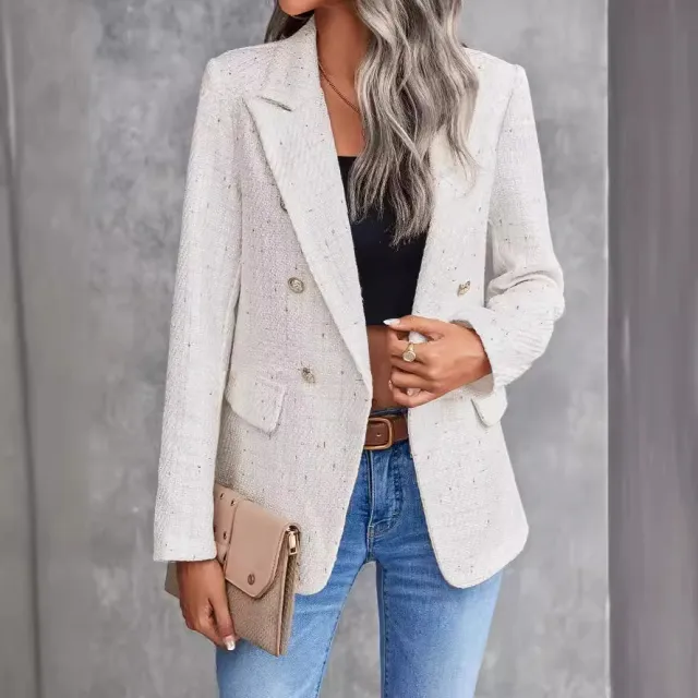 Women's Clothes Hot selling Lapel Double Breasted Tweed Suit Jacket White - Shop at LoveMi