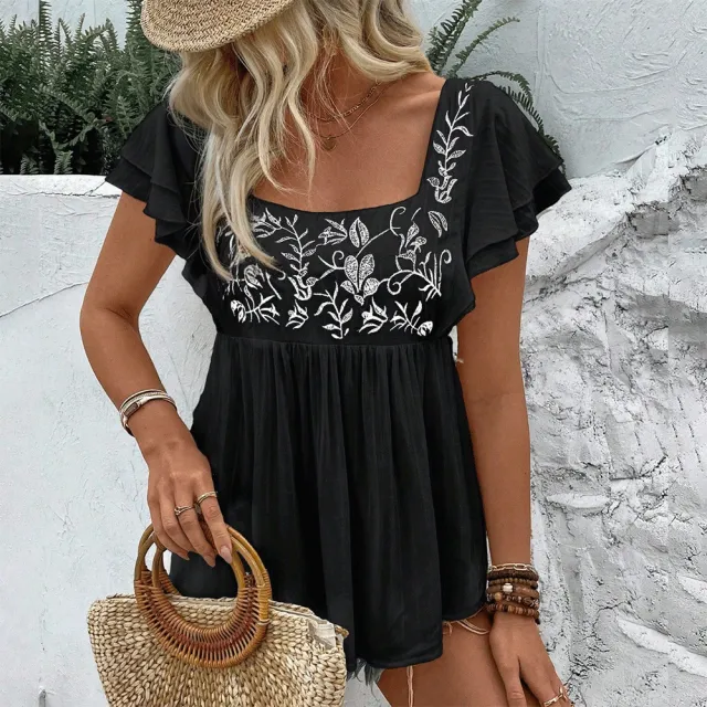 Women's Casual Lace trimmed Square neck Embroidered Shirt Black - Shop at LoveMi