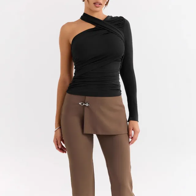 Women's Single Shoulder Long Sleeve Base Top Black - Shop at LoveMi