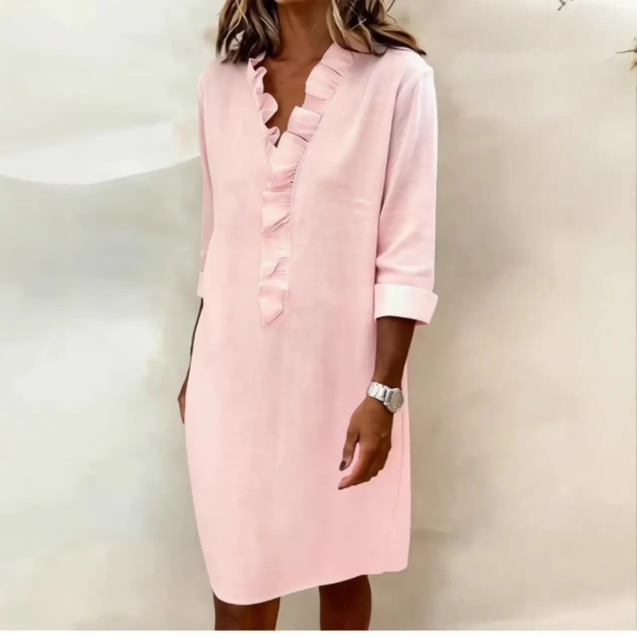 New Womens Ruffle-trimmed Long-sleeve Cotton-Linen Shirt Womens Clothing