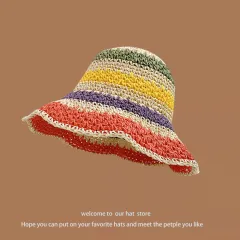 Sweet All-matching Woven Straw Hat Female Seaside Sun-proof Bucket Hat - Line Changing Rainbow Beige - View 1