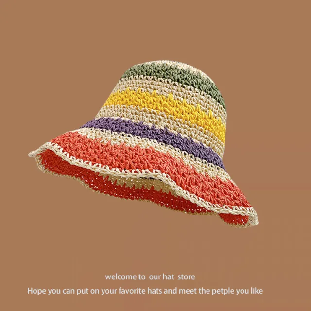 Sweet All matching Woven Straw Hat Female Seaside Sun proof Bucket Hat Line Changing Rainbow Beige - Shop at LoveMi
