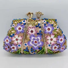 Dripping Oil Diamond Evening Bag Enamel Colour Flower Clutch - Gold - View 1
