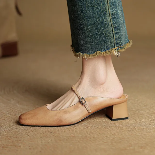 Retro Chunky Heel Peep toe Slingback French Single strap Slip on Mid heel Sandals Apricot - Shop at LoveMi