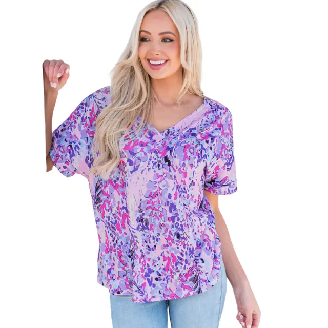 Loose Painted Flower Painting T shirt Women Single Wear Paint Flower Casual Top Women Pink - Shop at LoveMi