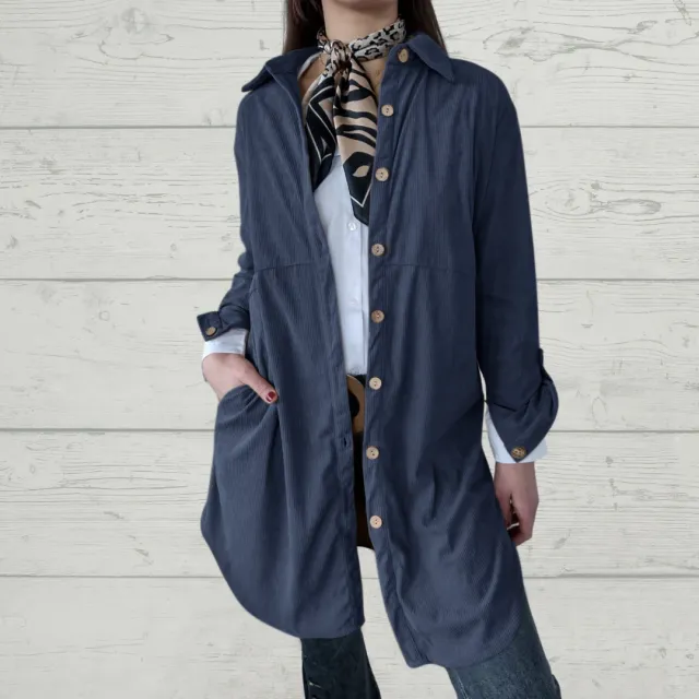 Women's Shirt Lapel Pocket Corduroy Jacket Navy Blue - Shop at LoveMi