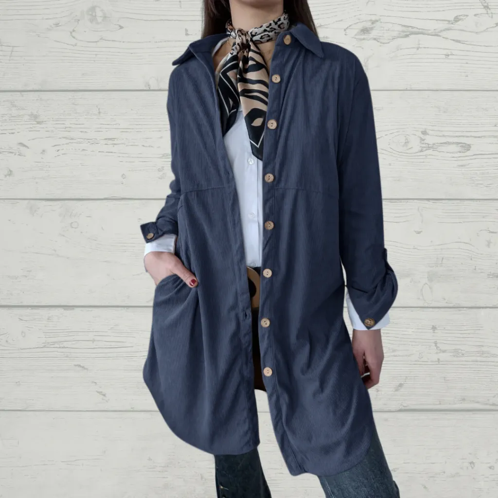 Women's Shirt Lapel Pocket Corduroy Jacket - Navy